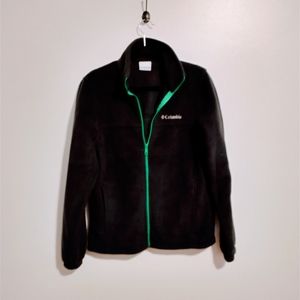 Columbia black fuzzy jacket with green at the zipper. Size small